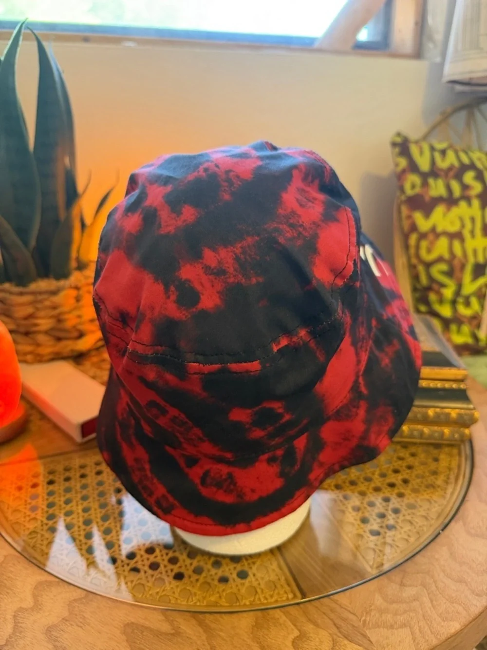 Red and Black Tie-Dye Bucket Hat with White Graphic
